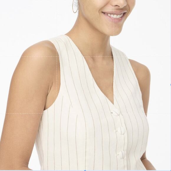 J.Crew Button Front Linen Blend Vest Womens 4 White Brown Pinstripes CI314 Lined - Picture 3 of 8